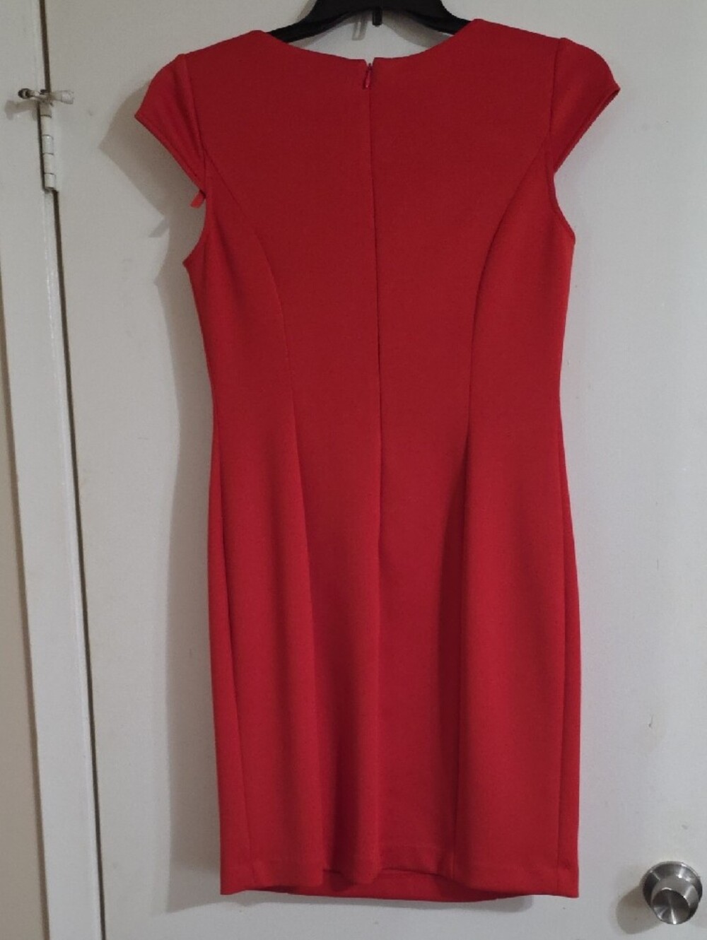 Chic Red Midi Sheath Dress Cap Sleeves Structured Panel Bodycon Cocktail Party - Picture 2 of 7